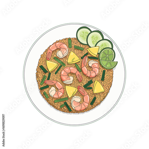Delicious shrimp fried rice with fresh lime cucumber and pineapple served on a white plate illustration a flavorful seafood dish with vibrant colors