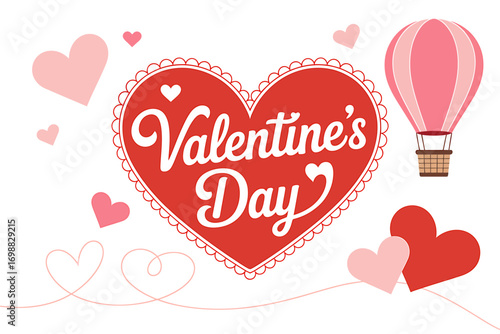 Charming Valentines Day Illustration with Red Heart and Hot Air Balloon for Romantic Celebrations and Affectionate Greetings