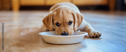Sweet Labrador Puppy Enjoying Its Meal From a White Bowl on the Floor