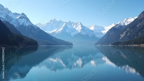 Wallpaper Mural A serene landscape with a mountain lake reflecting snow-capped peaks under a clear blue sky, shot in high resolution for fine detail.  

 Torontodigital.ca