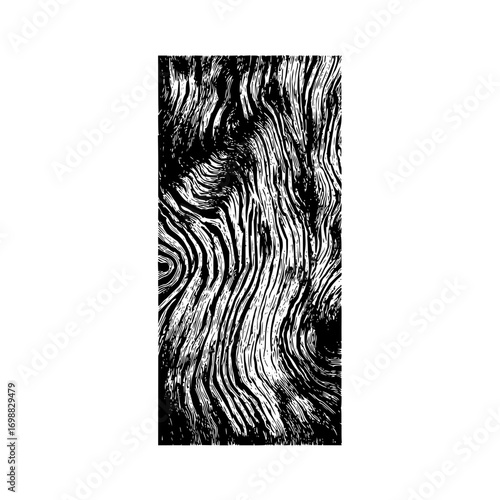 Abstract black and white vertical pattern featuring dense swirling and flowing lines resembling wood grain texture