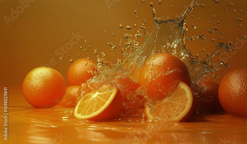 Fresh Oranges Splashed by Water Against Orange Background, Halves and Whole