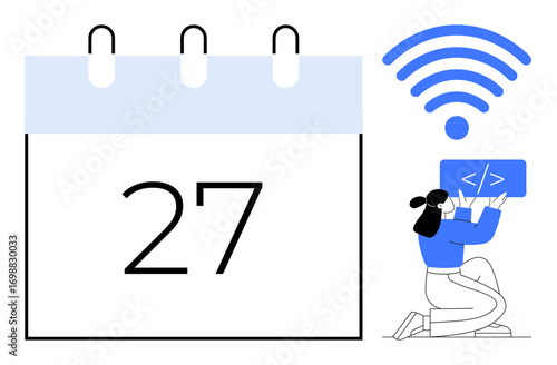 Calendar with date 27 alongside a wireless icon and a developer holding code. Ideal for productivity, scheduling, technology, remote work, software development, deadlines, simple landing page