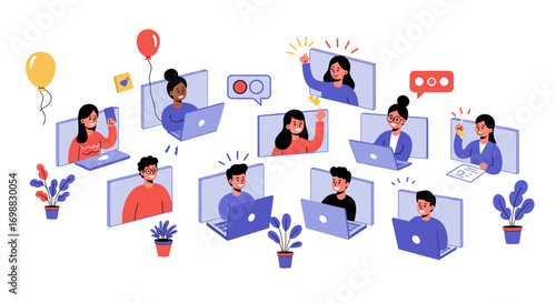 Online meeting with diverse team in digital workspace with video chat and communication elements