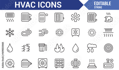 Vector icon collection of HVAC units, fans, temperature, water, and fire symbols