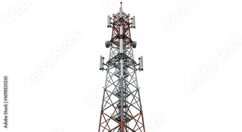 Tall communication tower on white background with red and silver details