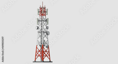 Detailed communication tower on transparent background with red and white steel design