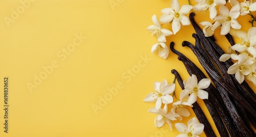 Vanilla Beans and Flowers Are Arranged on a Bright Yellow Background Creating...