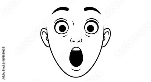 Surprised face with open mouth in black and white line art style