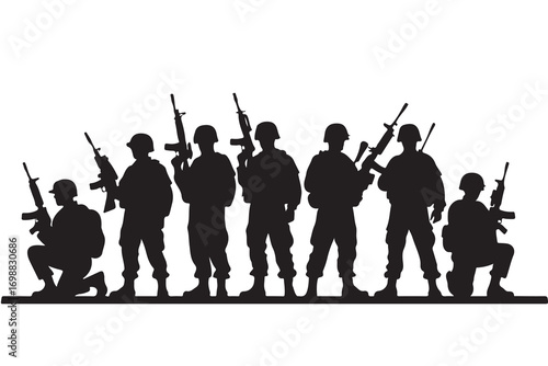 Black silhouette of soldiers with rifles on white background