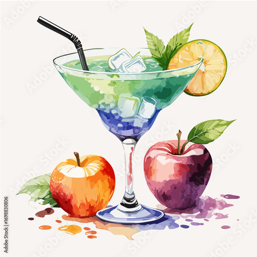 Colorful Blue and Green Cocktail with Ice Cubes, Citrus Slice, and Fresh Apples Vector