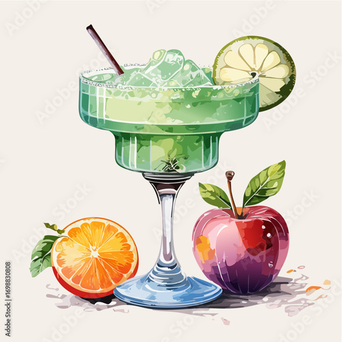 Green Halloween Margarita with Spider Garnish and Fresh Fruit Decoration Vector