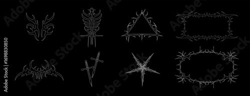 Set of neo tribal symmetrical shapes, gothic art decoration elements, sword, abstract pentagram, and frame. Vector design for dark aesthetics