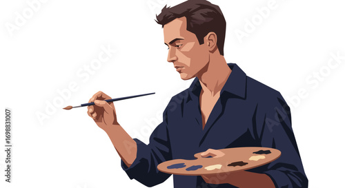Man painting portrait with brush and palette in minimalist art style