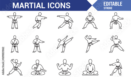 Martial arts activity icons with kicks, punches, meditation, and fighting forms
