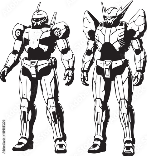 Two black and white robotic figures standing side by side mecha android