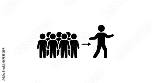 Silhouette of group following leader figure on white background