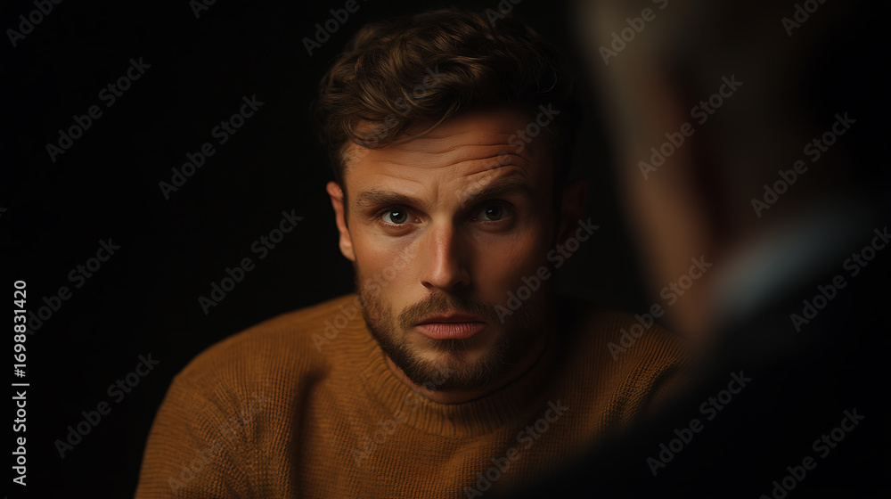 Obraz premium Intense stare from a man in a dark setting. A moment of quiet contemplation or confrontation.