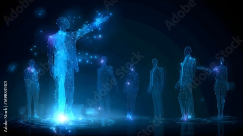 A digital representation of a speaker addressing an audience, with glowing geometric figures symbolizing connection and engagement