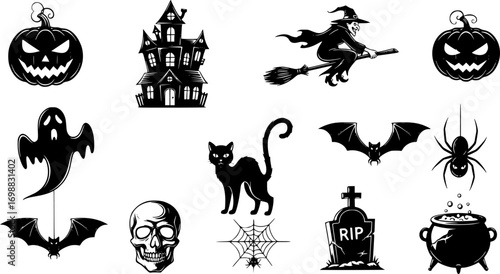 Set of icons Halloween scary pumpkins cut. Spooky creepy pumpkins cut sillouette 
