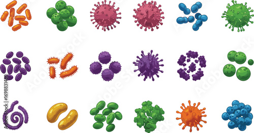 Various colorful bacteria and virus illustrations, microscopic germs, biology science, infection microbes, cartoon medical design
