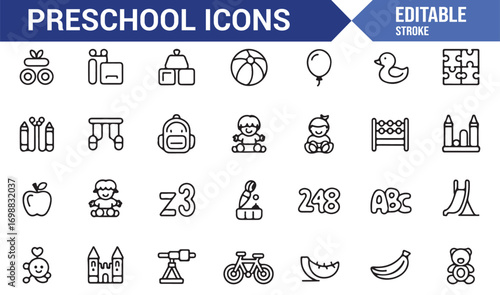 Preschool learning and play icons for early childhood education illustration