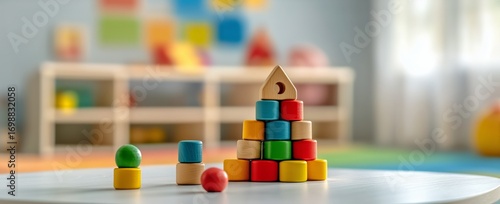 Colorful Wooden Blocks Form Pyramid on Small Round Table in Playroom