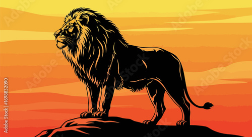 Majestic Lion Standing Proudly on a Rock at Sunset, Evoking Power and Royalty in Nature's Grandeur