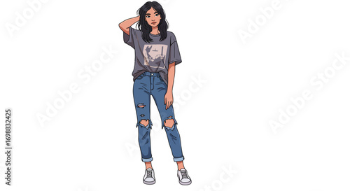 Casual fashionable young woman in ripped jeans and t-shirt
