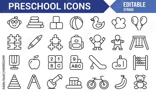 Preschool icon set with toys, learning tools, playground, and education elements