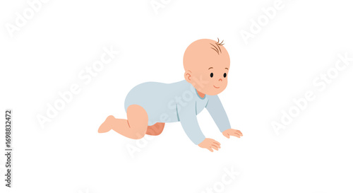 Adorable baby crawling in blue outfit on white background