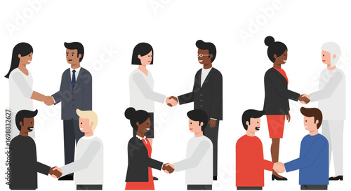 Diverse businesspeople shaking hands in flat style illustrating professional partnerships