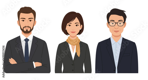 Diverse business professionals in formal attire with confident expression