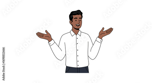 Character illustration of smiling man shrugging in casual attire on white background