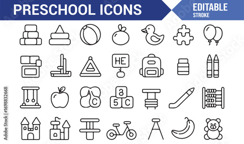 Editable stroke preschool icons for children, kindergarten, and study design
