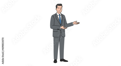 Professional man in suit gesturing with open hand on white background
