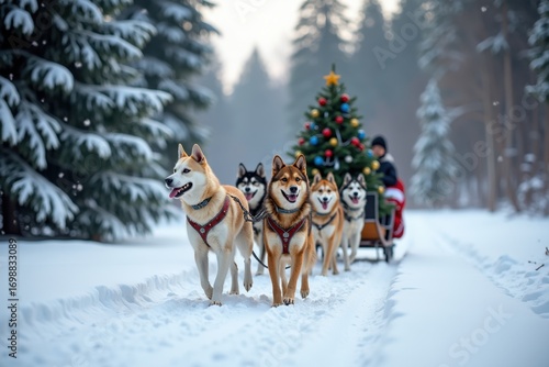 A team of dogs pulls a sleigh with a Christmas tree through a quiet snowy forest. The winter landscape is bright and full of fresh snow