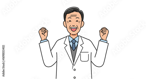 Cheerful cartoon doctor celebrating success in white coat