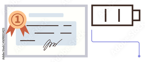 Document with a number-one medal and signature beside a connected charging battery. Ideal for success, education, growth, recognition, persistence, achievement, motivation. Simple flat metaphor
