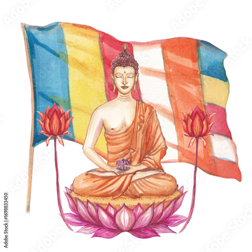 Cuadro en lienzo Hand-painted illustration of Buddha sitting on a lotus flower with Buddhists flag