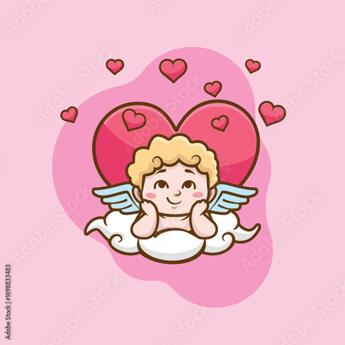 Vector set of cute colorful cupids stickers with hearts. Small angels with blue wings bow heart hunters fly in the sky. Sticker collection of various angels or cupids printable template 