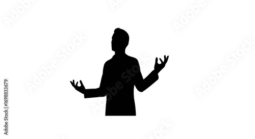 Silhouette of a person gesturing with open arms on white background