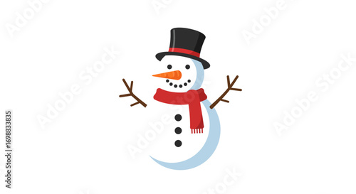 Cheerful snowman with top hat and scarf on white background
