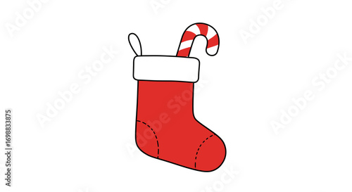 Festive red christmas stocking with candy cane on white background