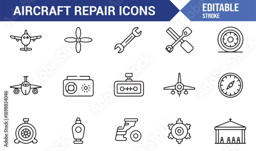 Aircraft repair and maintenance icon set with tools, airplanes, and hangar illustrations