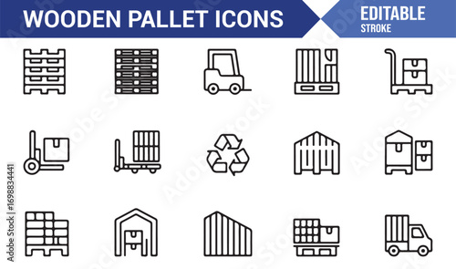 Editable stroke pallet vector icons for inventory and distribution design