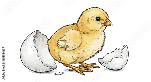 Hand-drawn chick and eggshell: detailed cute yellow baby bird in cartoon style