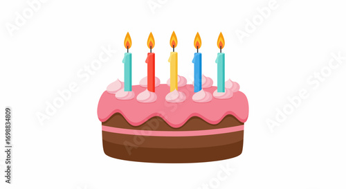 Colorful birthday cake with number one candles and pink icing