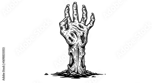 Zombie hand emerging from ground in vintage black and white design