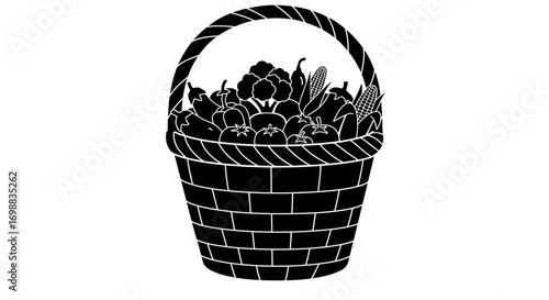 Black basket filled with fresh vegetables in silhouette design
